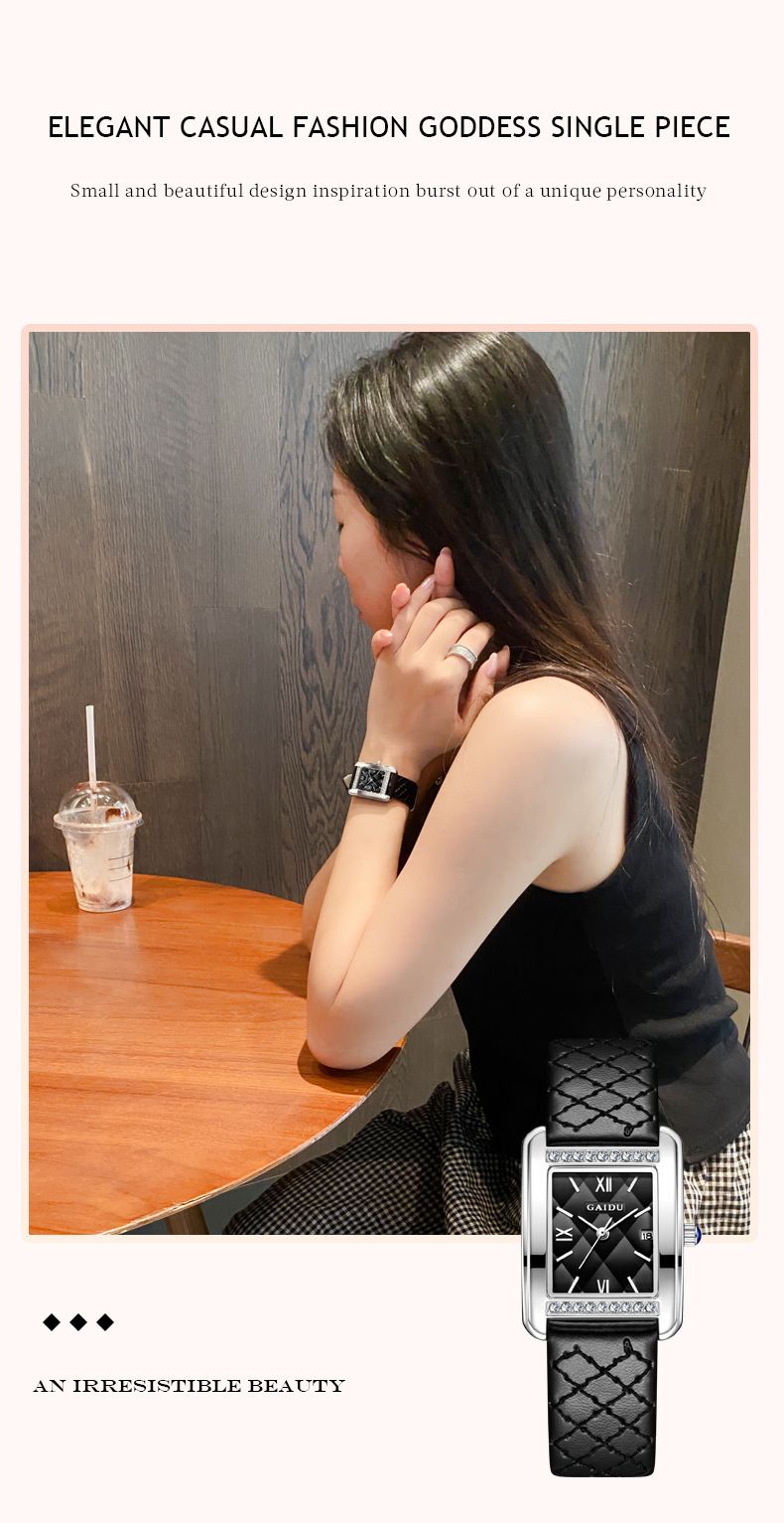 Relógio de quartzo quadrado elegante e retrô para mulheres - Relógio de pulso vintage minimalista com pulseira de couro e mostrador com padrão de diamante, relógio de nicho para deslocamento_voghion.com