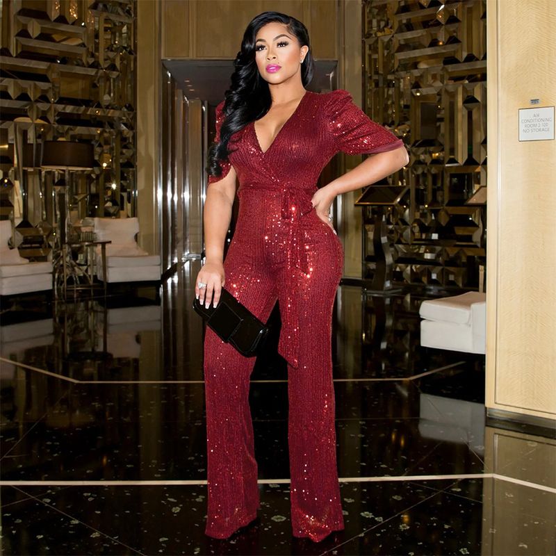 Women's clothing sexy deep v-neck sequined jumpsuit, fashionable sequined party style wide-leg pants for women_voghion.com