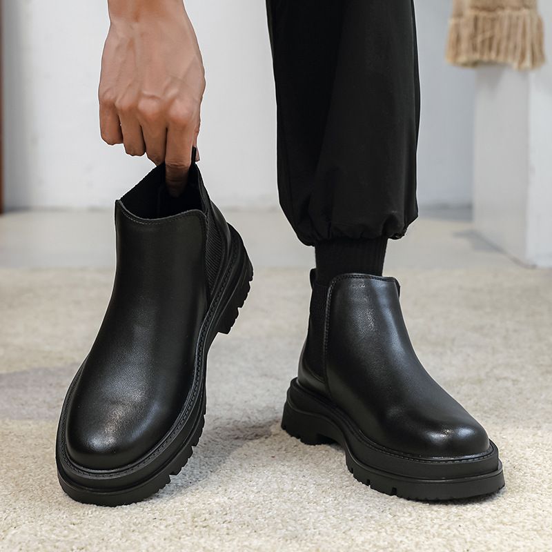Retro Tooling Boots Thick-soled Heightened Lazy Foot-covering Martin Boots Genuine Leather Chelsea Short Boots_voghion.com