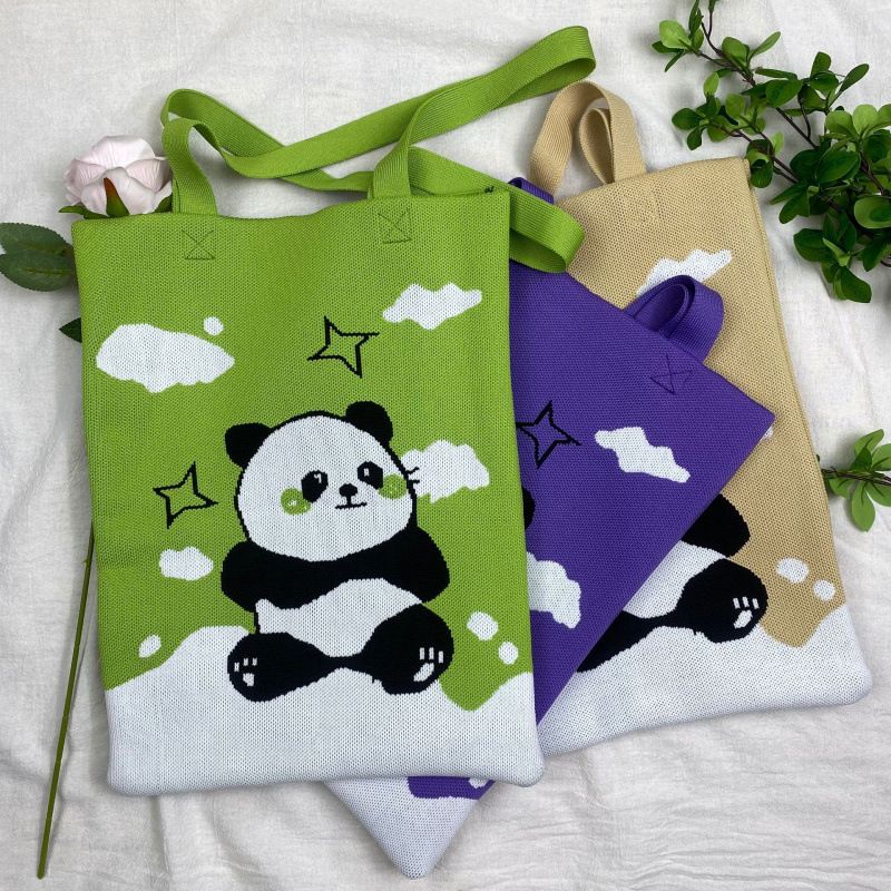 Borsa a mano da donna lavorata a maglia a forma di panda dei cartoni animati, grande capacità, tracolla versatile, borsa a secchiello carina_voghion.com