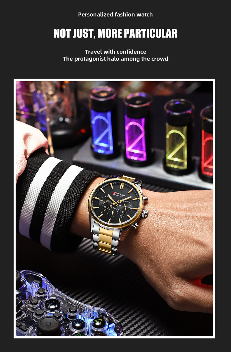 CURREN/CARREN 8446 Orologio da uomo al quarzo con cinturino in acciaio a sei pin, calendario, indicatore di 24 ore_voghion.com