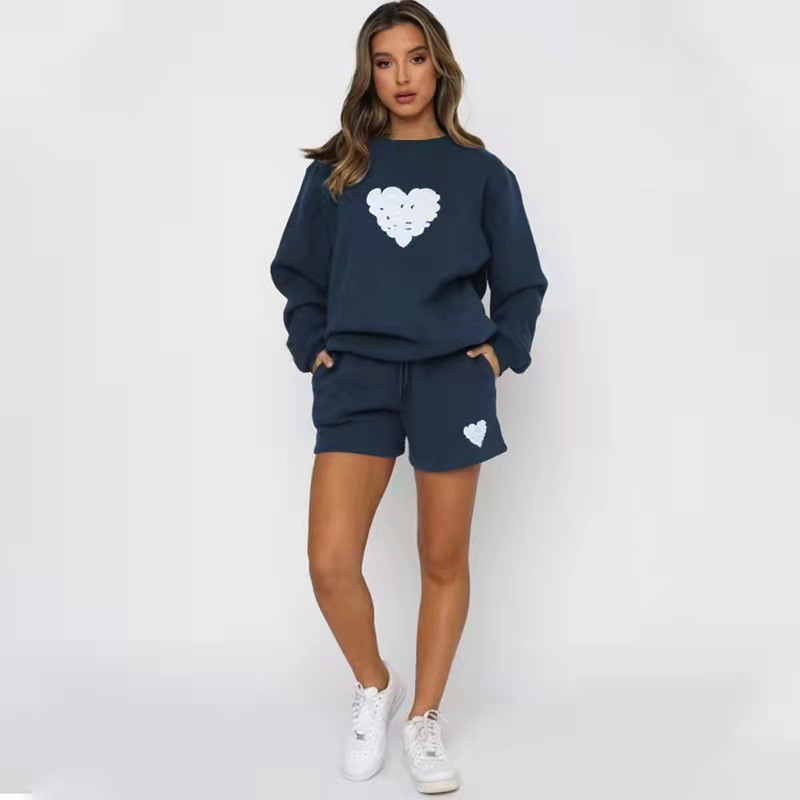 Women's fashion casual printed shorts two-piece set plus fleece long-sleeved hoodie set_voghion.com