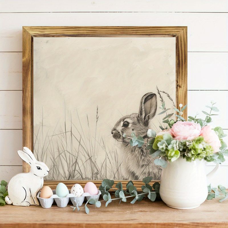 Rustic Bunny Wall Art - 8x8" Wood Framed Sign With Vintage Rabbit. Charming Farmhouse Decor For Home Or As An Easter Gift._voghion.com