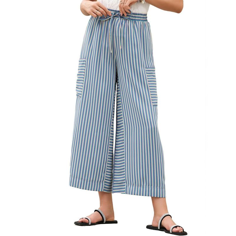Damen Sommerhose mit Tasche, gestreift, gerader Kordelzug, weites Bein, Strand, lässig, lange Hose_voghion.com