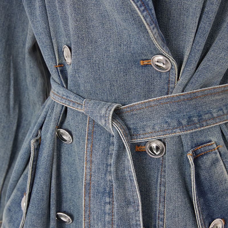 Damen-Jeans-Trenchcoat – Mittellange blaue Jacke mit taillenbetontem Revers (S/M/L/XL)_voghion.com