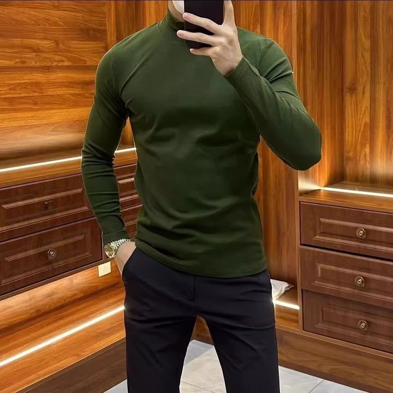 Derong Masculino Outono E Inverno Edição Limpa De Alta Qualidade Sem Pescoço Cor Sólida Slim Fit Manga Comprida Alta Elasticidade Base_voghion.com