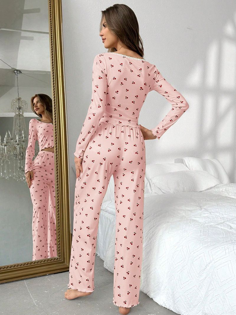 Cherry Print Pajamas, V-neck Stretch, Long-sleeved Tops And Trousers Pajama Set, Women's Loungewear Set_voghion.com