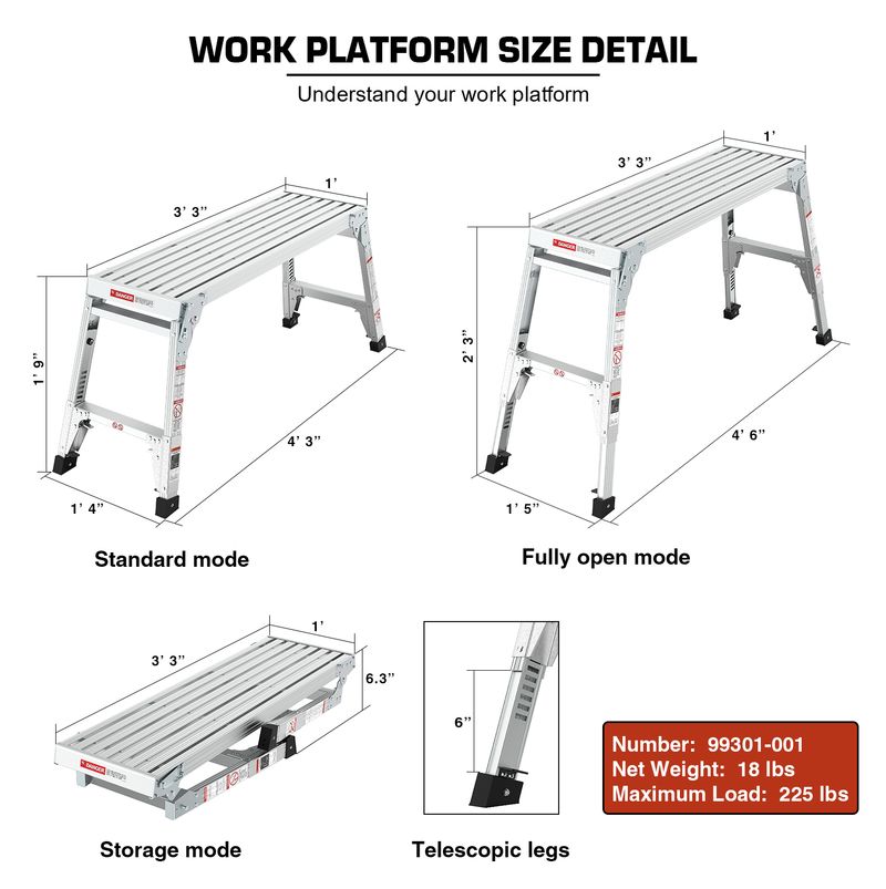 Aluminum Work Platform Large Size Step Stool Folding Portable Work Bench 40" Width Telescopic Feet 22" -27.5" Height Adjustable_voghion.com