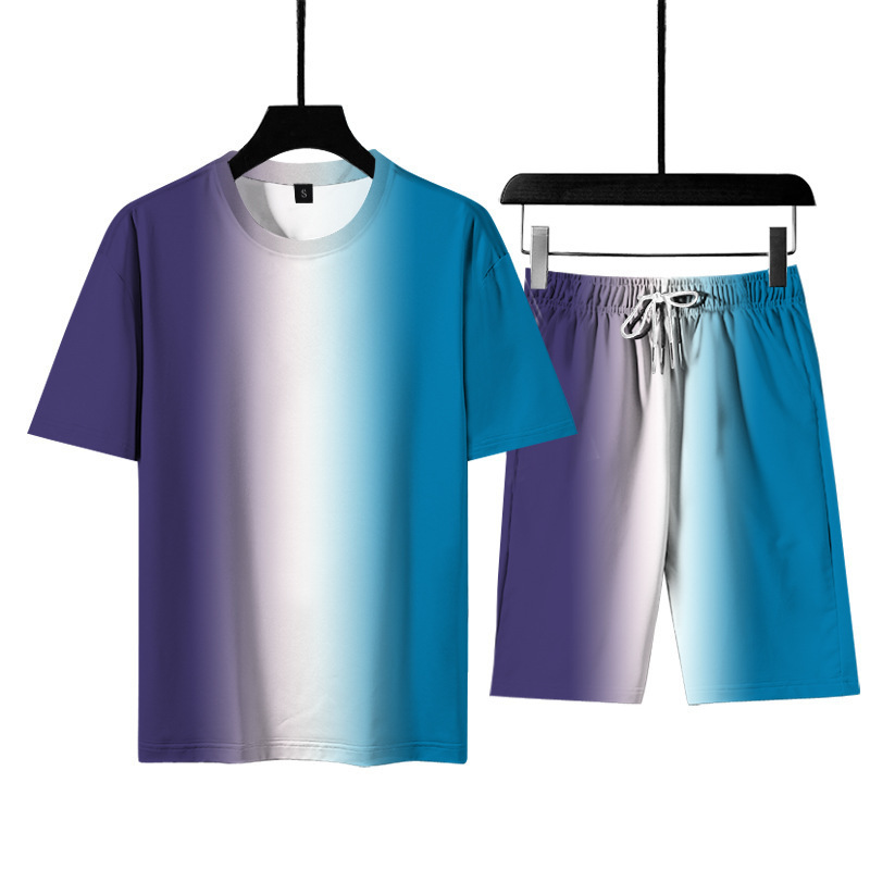 Set sottile a maniche corte stile spiaggia casual da uomo e da donna estivo con stampa digitale in colori sfumati_voghion.com
