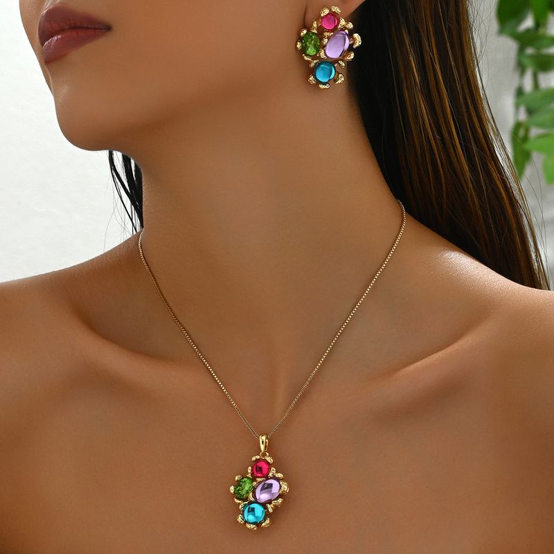 Small Fresh Korean Style Ladies Long Necklace Earrings Set Personality Inlaid With Colored Gemstones Irregular Clavicle Chain Earrings_voghion.com
