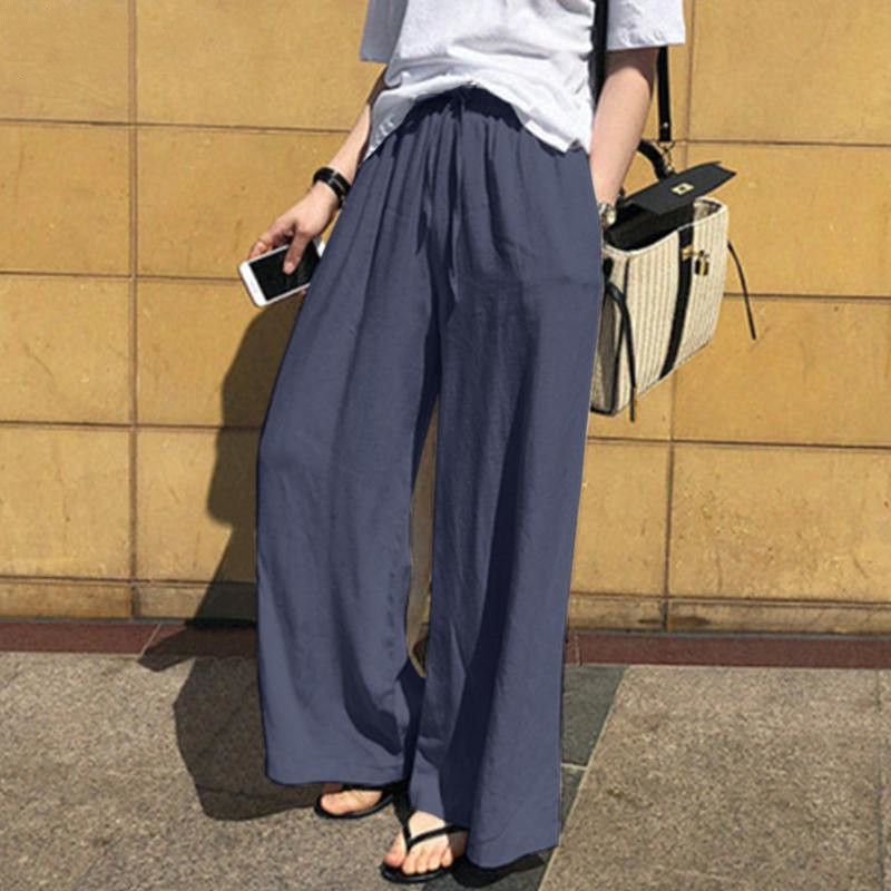 Pantaloni a gamba larga da donna, pantaloni di lino da donna alla moda a vita alta, pantaloni larghi casual in tinta unita all'ingrosso_voghion.com