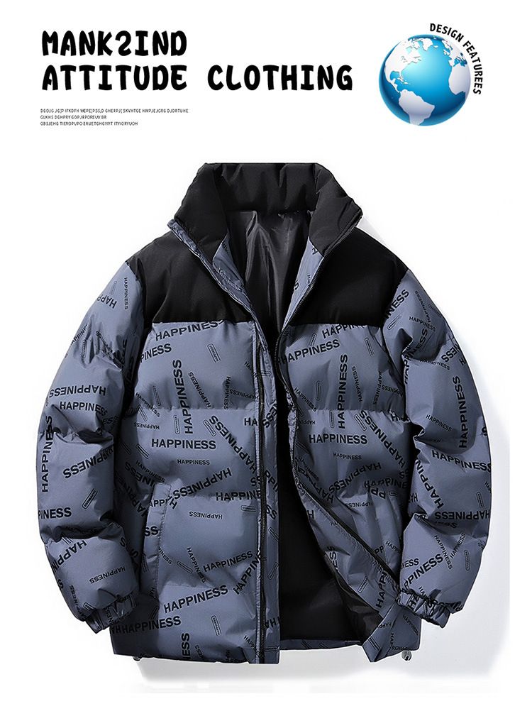 Unisex Oversized Puffer Jacket – Streetwear Color-Block Letter Print Stand Collar Coat (Thermal Polyester Fill, Winter-Ready Unisex Fashion)_voghion.com