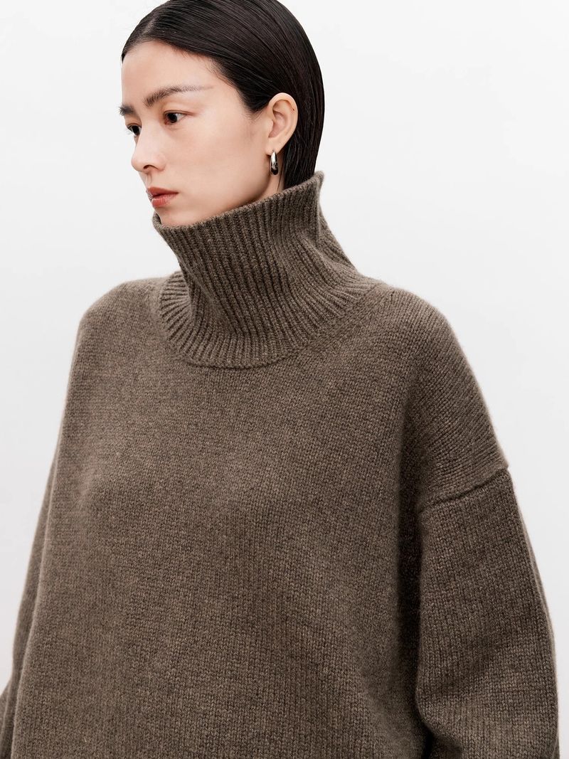 Pull col montant tricoté pour femme, manches longues, ample, décontracté, couleur unie, en laine, collection automne-hiver_voghion.com