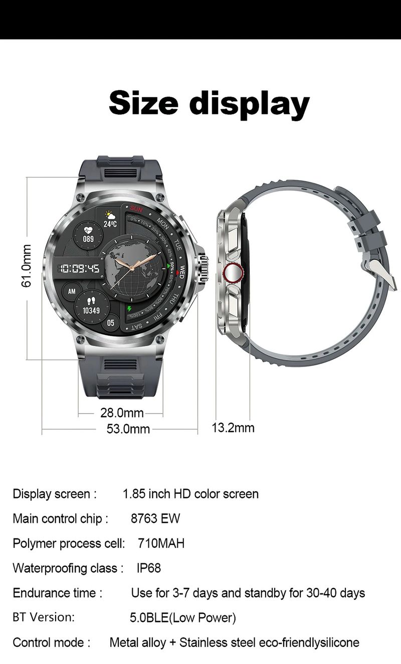 2025 Neue Bluetooth-Anruf-Smart Wat 1,85 Zoll großer Bildschirm Männer Sport Fiess Tracker Herzfrequenz Gesundheitsmonitor 710mAh_voghion.com