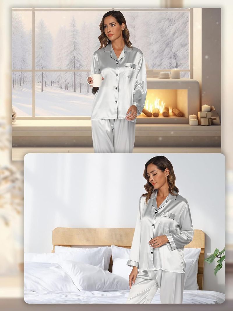 Grenzüberschreitende unabhängige Station Neue Ice Silk Pyjamas Damen Zweiteiler Langarm Seide Plus Size Damen Homewear_voghion.com