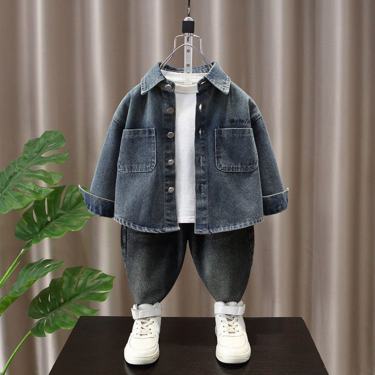 Boys' Denim Jacket For Autumn & Spring - Soft Cotton Kids' Jacket With Embroidered Letters, Stylish Blue Casual Coat For Toddlers & Boys (90-150cm)_voghion.com