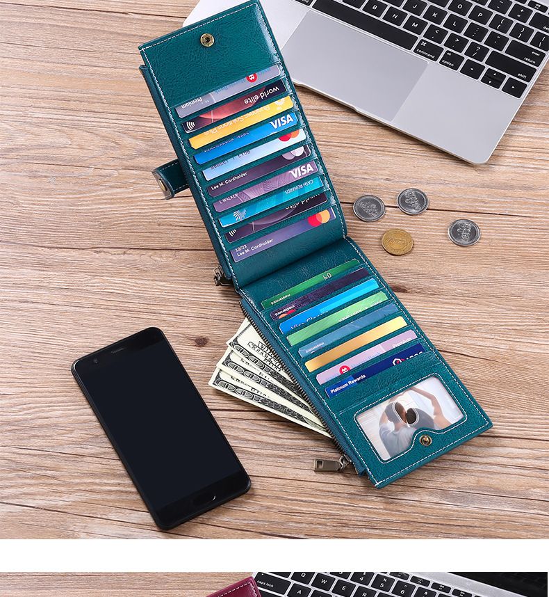 Large Capacity Women's Oil Wax Cowhide Vintage Card Bag Multi-Card Zipper Mobile Phone Bag Multifunctional Wallet_voghion.com