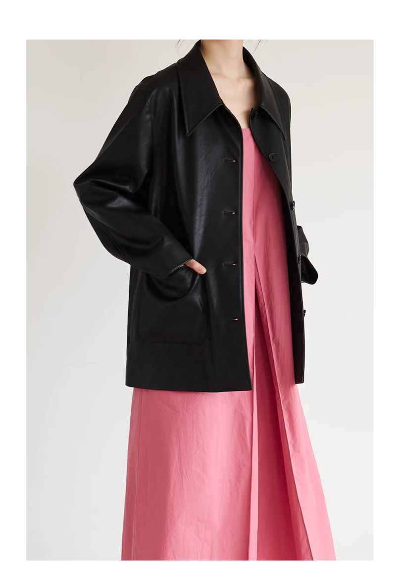 Schwarz für Damen, 2024 Herbst neuer Style, cool und lässig, kleiner spitzer Kragen, umweltfreundliches Ledertop_voghion.com