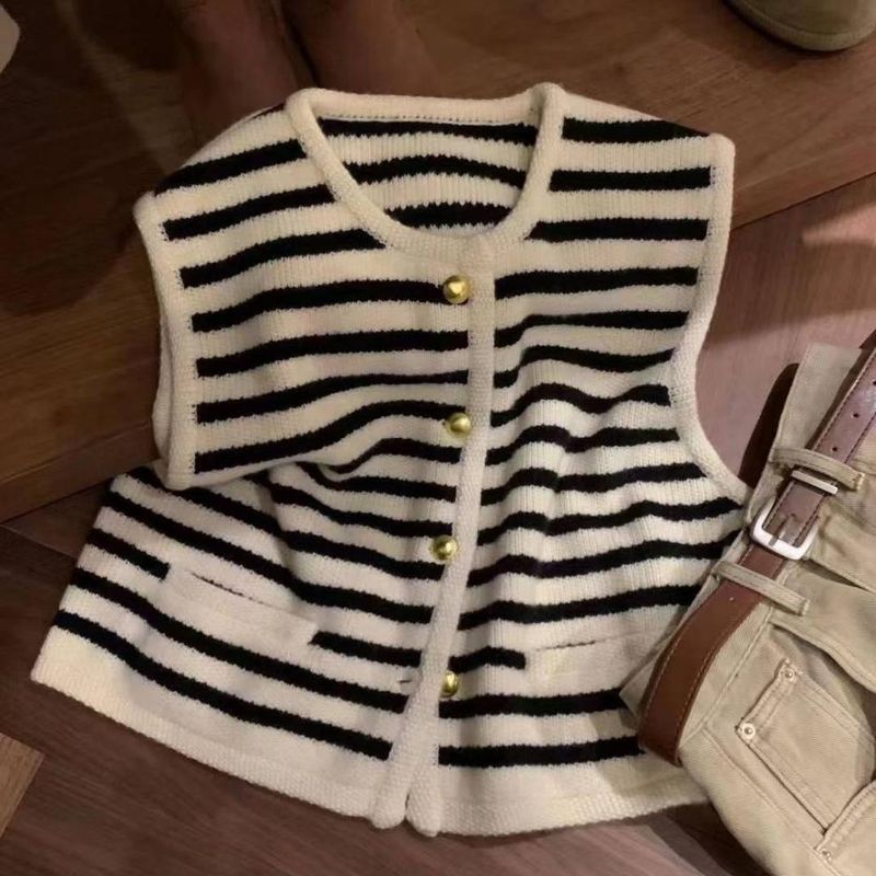 Xiaoxiangfeng black whie sriped sleeveless knied jacke, women's spring and auumn cardigan, ouerwear, sweaer,_voghion.com