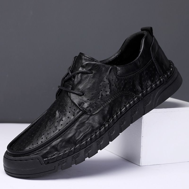 Hand-Stitched Lace-Up Business Leather For Men, Genuine Leather, Round Toe, Soft Sole, Dad Shoes, Hollow Out,_voghion.com