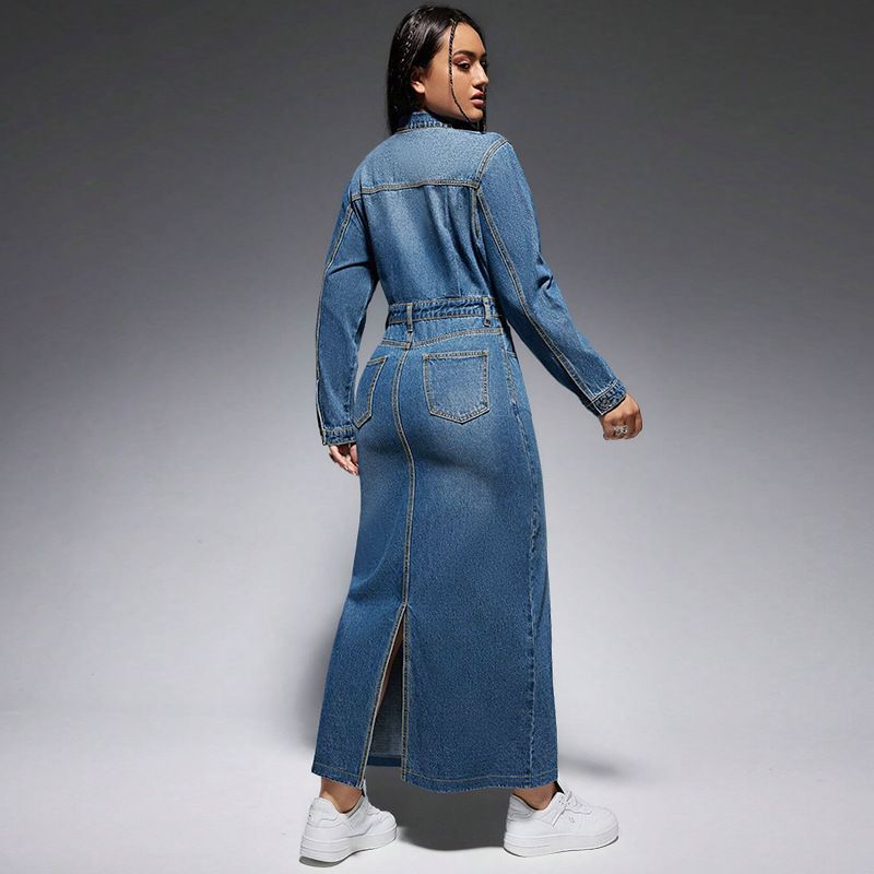 Abito lungo casual da donna in denim rilassato con bottoni sul davanti e spacchi laterali (S-2XL)_voghion.com