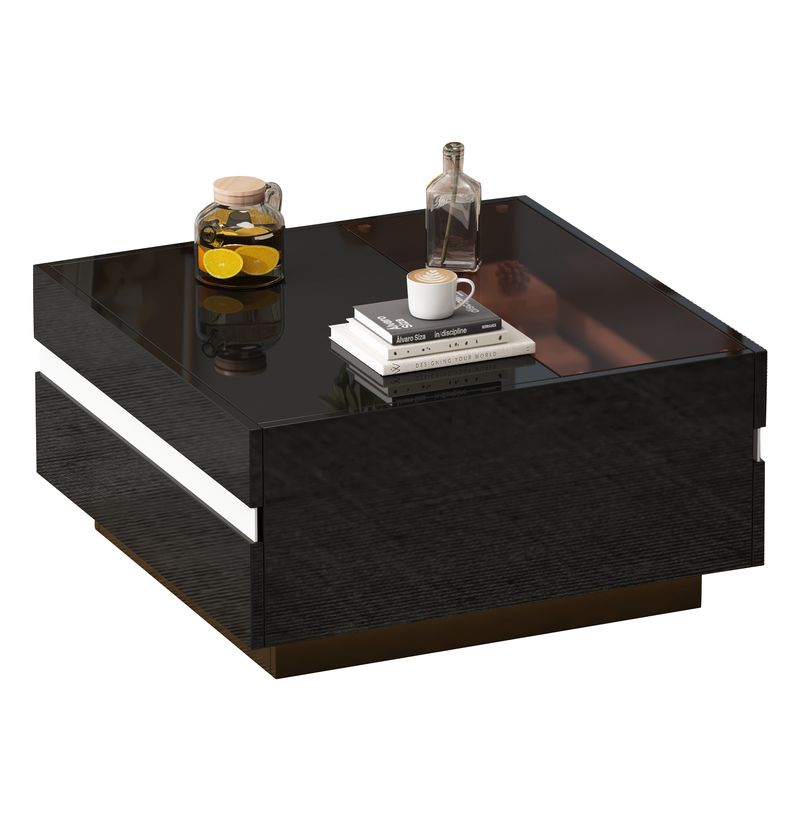 Table basse carrée 70 x 70 x 36 cm avec LED, table de salon haute brillance avec 2 tiroirs, table d'appoint avec plateau en verre trempé, table basse au design géométrique_voghion.com