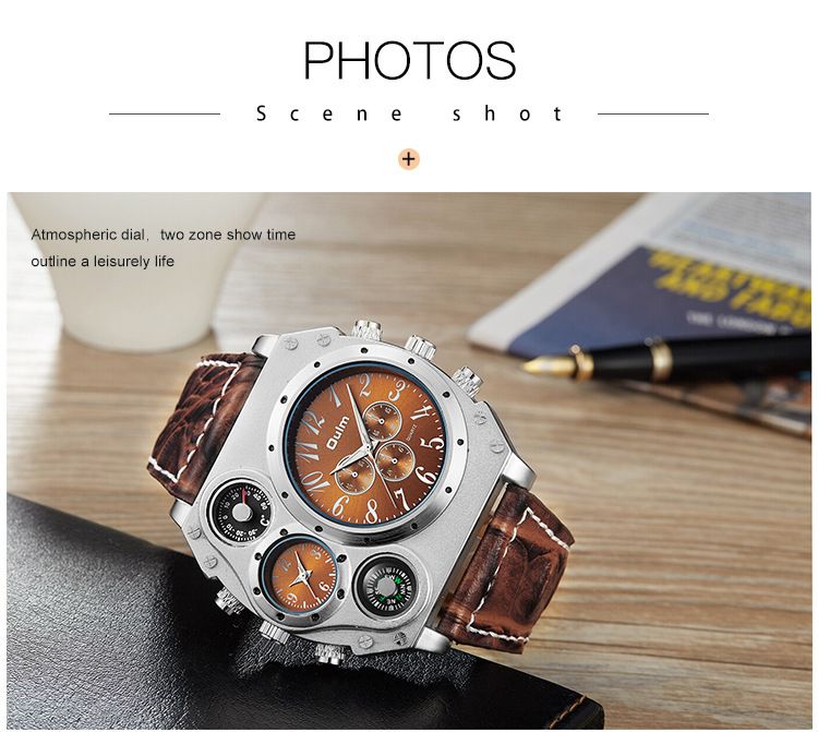 Men's Large Dial Multi-Time Zone Quartz Watch With Leather Strap, Casual Fashion Timepiece For Everyday Wear Dedicated Casual Men's Watch_voghion.com