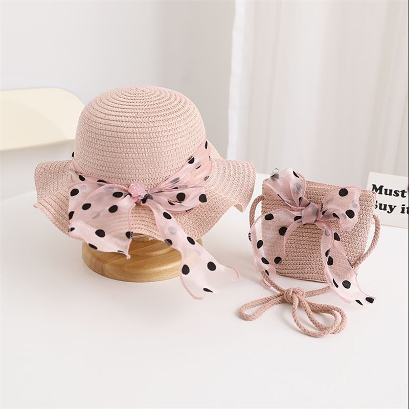 Nuovo set di cappelli e borse parasole con fiocco coreano a pois e onde di paglia per bambini, dolce e carino_voghion.com