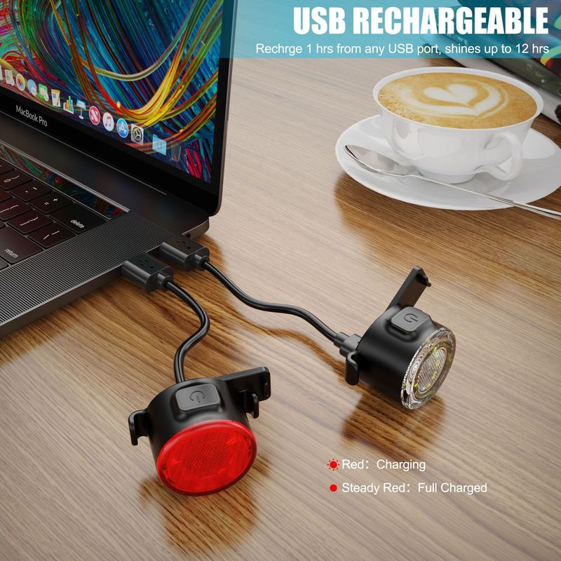 Linterna de luz potente para ciclismo nocturno, luz delantera y trasera doble, carga USB, resistente a la lluvia, equipo para ciclismo de montaña._voghion.com