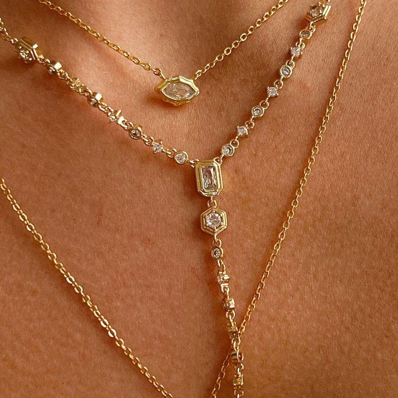 Vintage Geometric Pendant Necklace Elegant Layered Y-Chain With Crystal Accents, Dainty Gold/Silver Statement Jewelry For Daily Wear & Special _voghion.com