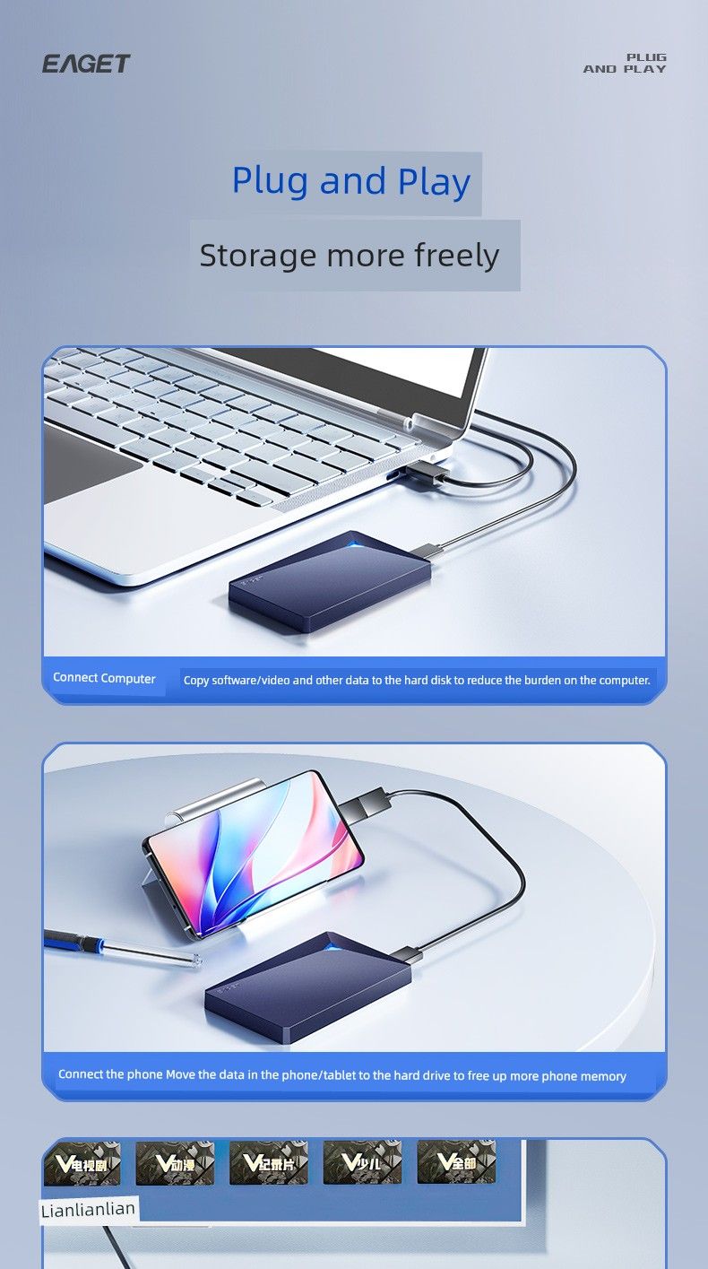Disco rígido móvel Eaget G100 USB3.0 de 2,5 polegadas com interface USB 3.0, 500 GB, 1 T, 2 T e 4 T_voghion.com