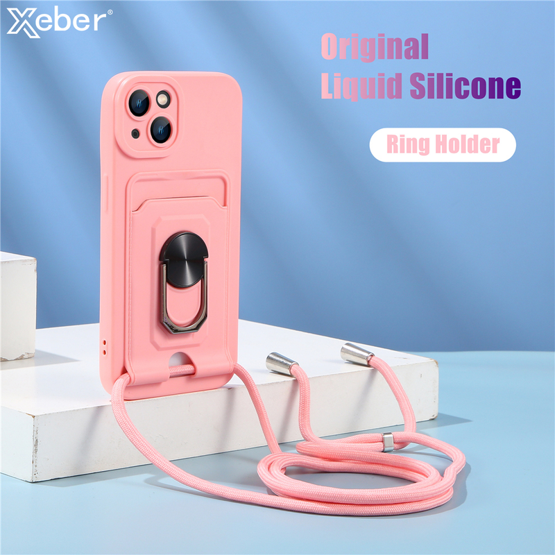 Necklace Lanyard Strap Magnetic Ring Holder Case For iPhone 14 11 12 13 Pro Max XS X XR 7 8 Plus SE Silicone Wallet Card Cover_voghion.com