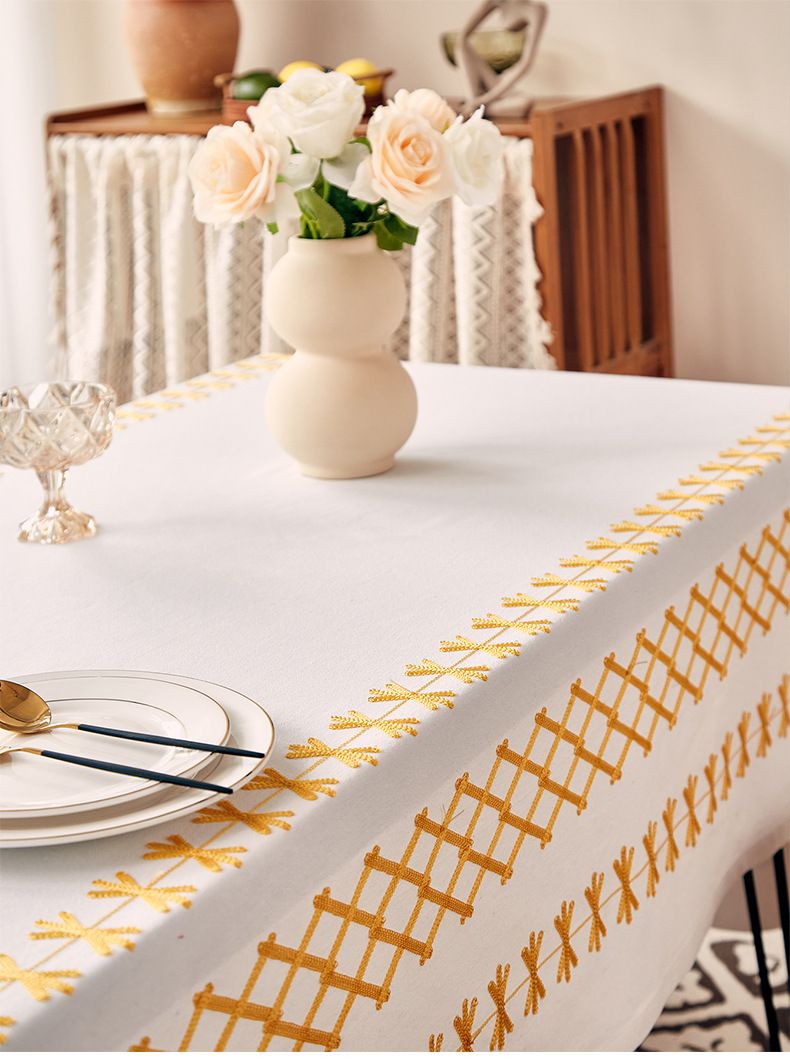 Tablecloth Yellow - Polycotton Embroidered With Cross/Arrow, Heat-Resistant & Wrinkle-Free, For Dining Table, Coffee Table Or Dorm Decor_voghion.com
