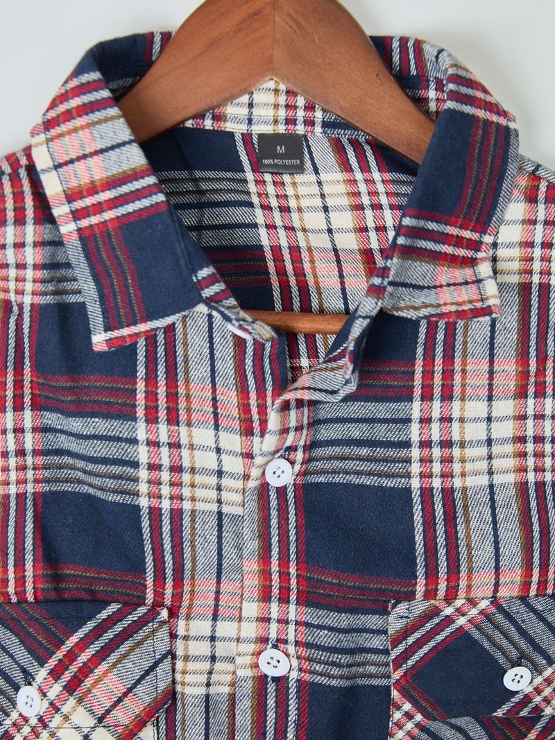 Men’s Flannel Plaid Shirt – Soft Brushed Polyester Long Sleeve Casual Button-Up (Red/Navy/Orange)_voghion.com