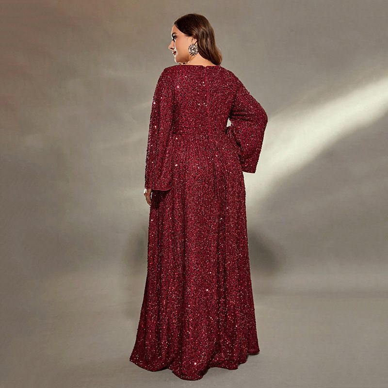 Elegante avondjurk in grote maten voor dames – glinsterende lange mouwen formele jurk voor banketten, feesten en speciale gelegenheden (maten 0XL-4XL)_voghion.com