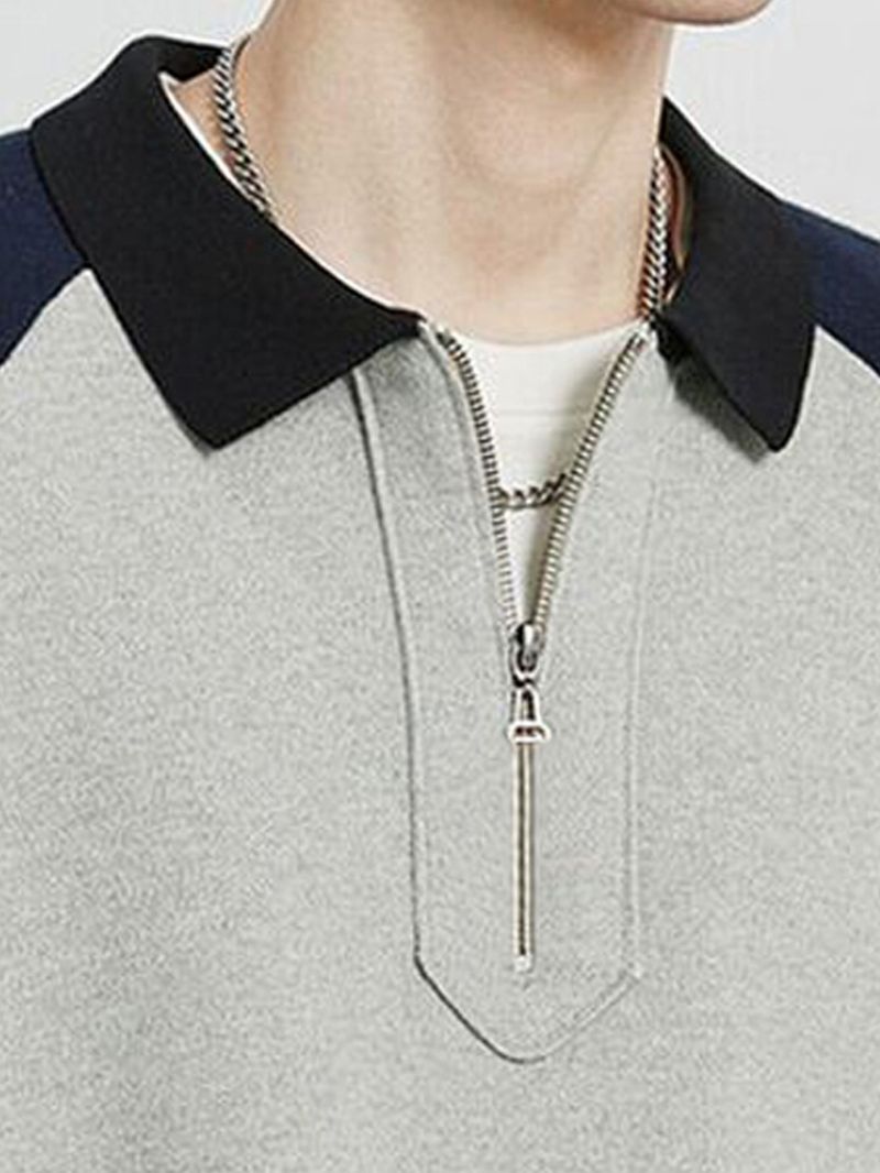 Herren-Poloshirt mit Farbblock-Reißverschluss – Langarm, entspannte Passform, Casual- und Streetwear-Stil (S-XXL, Hellgrau)_voghion.com