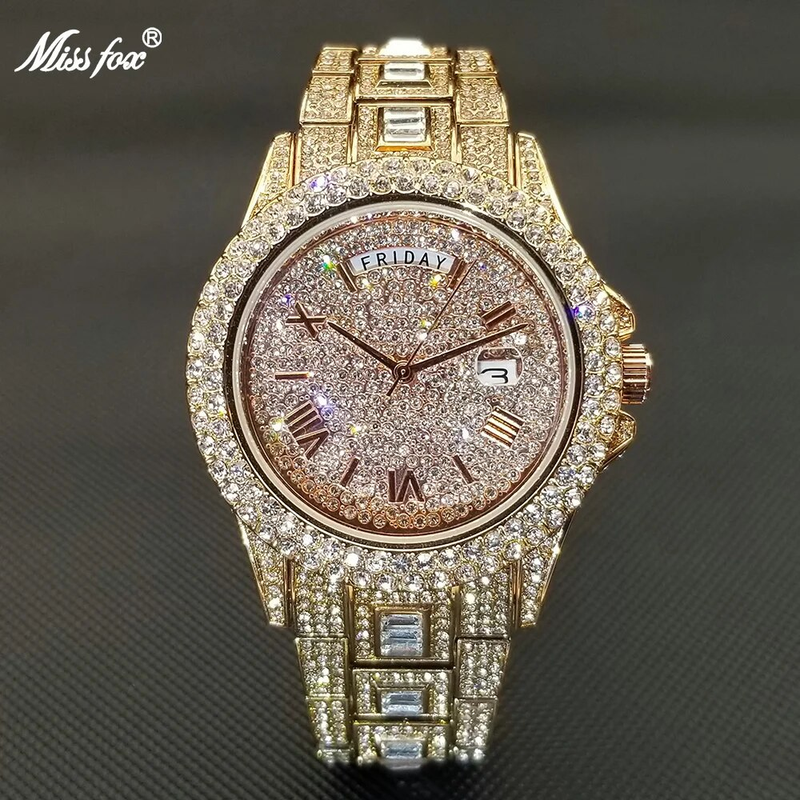 Shiny Diamond Watch For Men Hip Hop Trendy Iced Out Quartz Watches High Quality Stainless Steel Waterproof Day Date_voghion.com