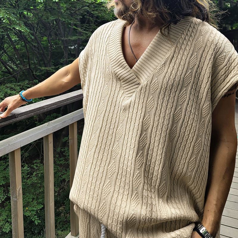Gilet en tricot jacquard ample à col en V pour hommes, nouvelle collection d'été, surdimensionné et décontracté_voghion.com