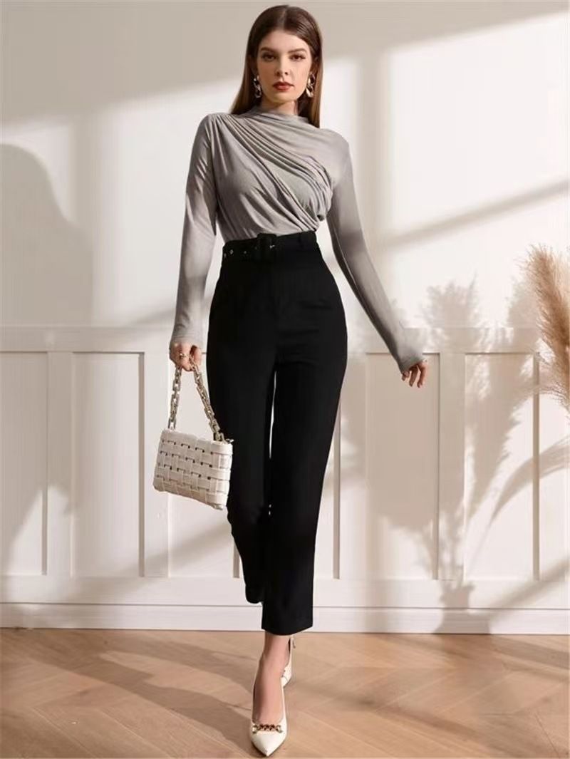 2025 Autumn And Winter New Design, Pleated Versatile Long Sleeved T-shirt, Women's Solid Color Top_voghion.com