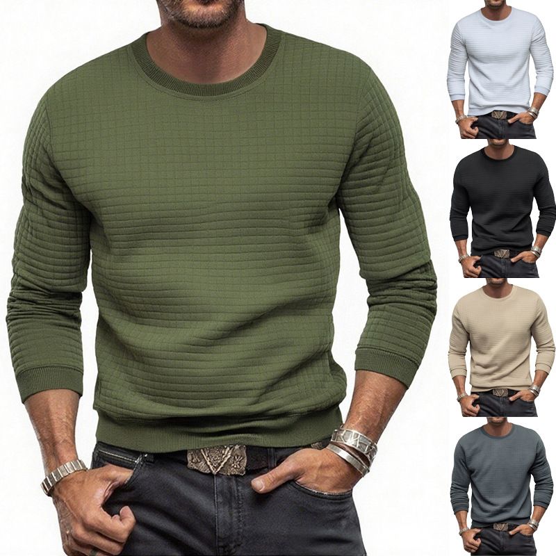 Ropa para hombre, otoño e invierno, camisa informal ajustada para hombre, camiseta de manga larga con cuello redondo y diseño de gofre_voghion.com
