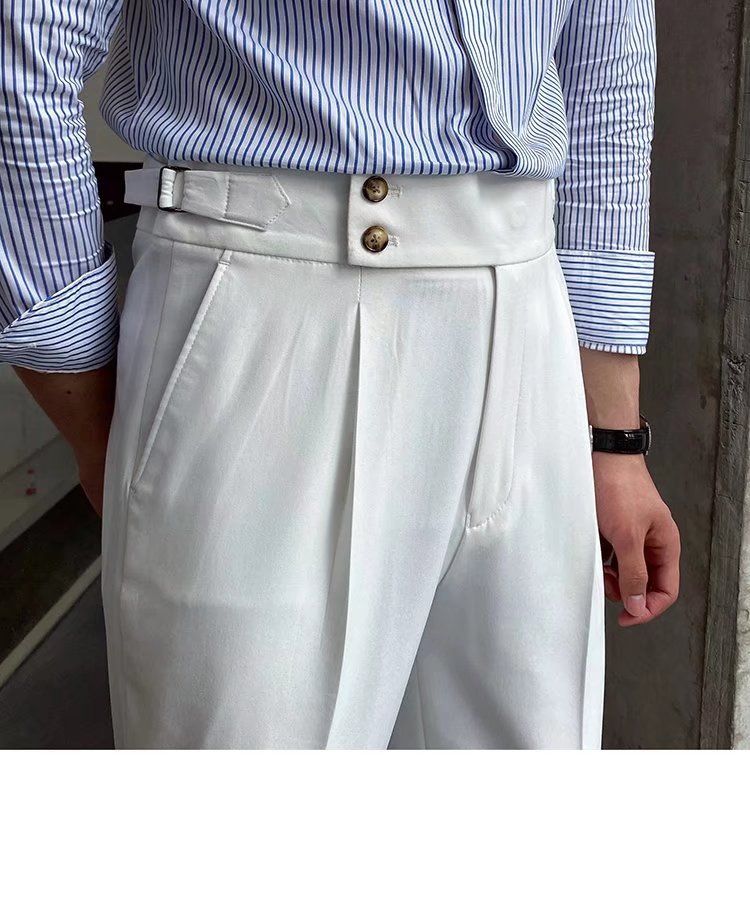 Herrenbekleidung Einfarbige Neun-Punkt-Hose mit hoher Taille Temperament Lässige Business-Hose mit italienischen Pariser Knöpfen Herrentrend_voghion.com