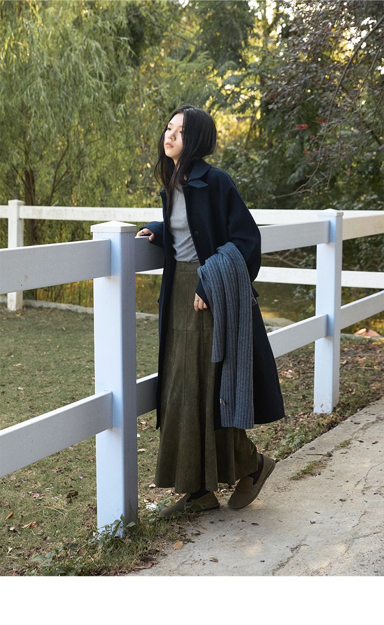 Gonna midi snellente GraceChic Simple Retro Time Machine in pelle scamosciata elegante e temperamento discreto, opaca, 02378_voghion.com