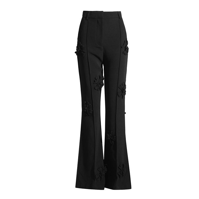 Women's Clothing High Waist Flared Trousers Elegant Floral Print Women's Suit Set - Blazer & High-Waisted Flare Pants (White/Pink/Black)_voghion.com