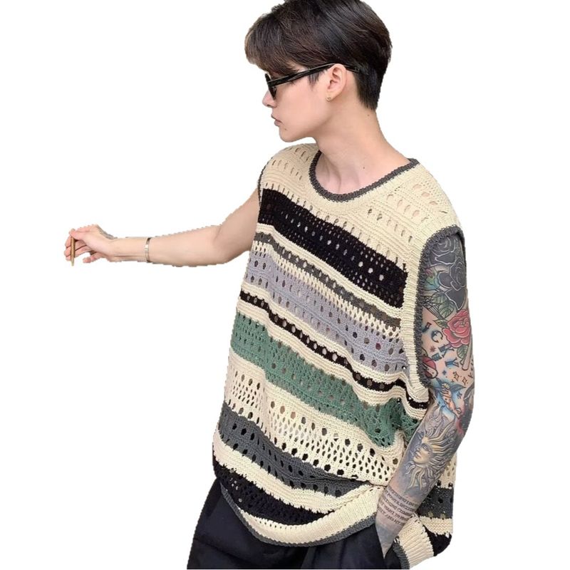 Koreanischer Stil Farbblock gestreift Sommer dünn Rundhals Pullover Hohlstrick Herren Weste_voghion.com