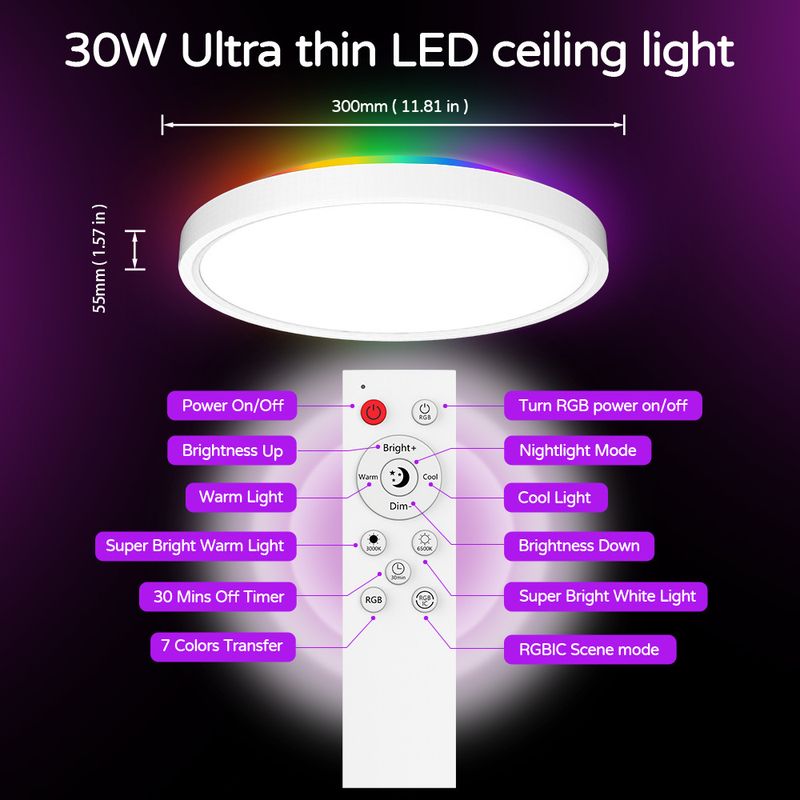 Lampada da soffitto moderna, rotonda, ultra sottile, RGBW, colorata, con telecomando, Wi-Fi, Bluetooth e Alexa._voghion.com