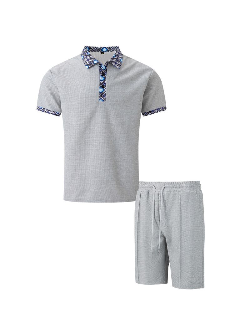 Herren-Set aus Waffelstrick-Kurzarmhemd und Shorts – Reverskragen mit Reißverschlussdetail, einfarbiges Freizeitoutfit_voghion.com