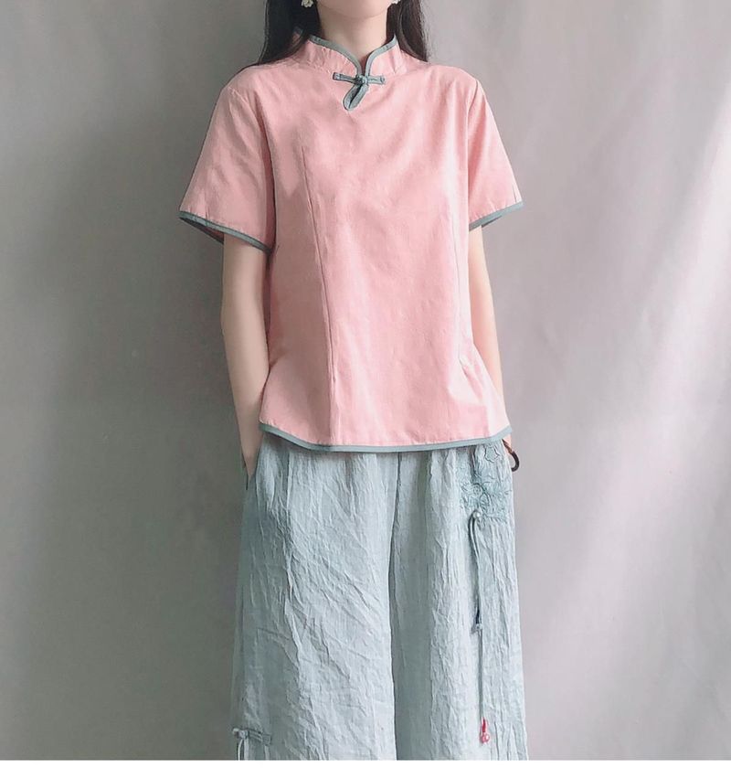 Colleziona camicie artistiche in cotone e lino jacquard, colletto rialzato in stile Zen cinese, abbottonatura, top, maniche corte estive_voghion.com