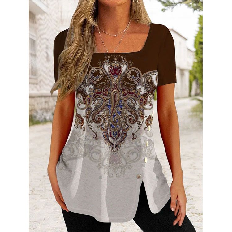Women's ethnic style button-open short-sleeved blouse_voghion.com