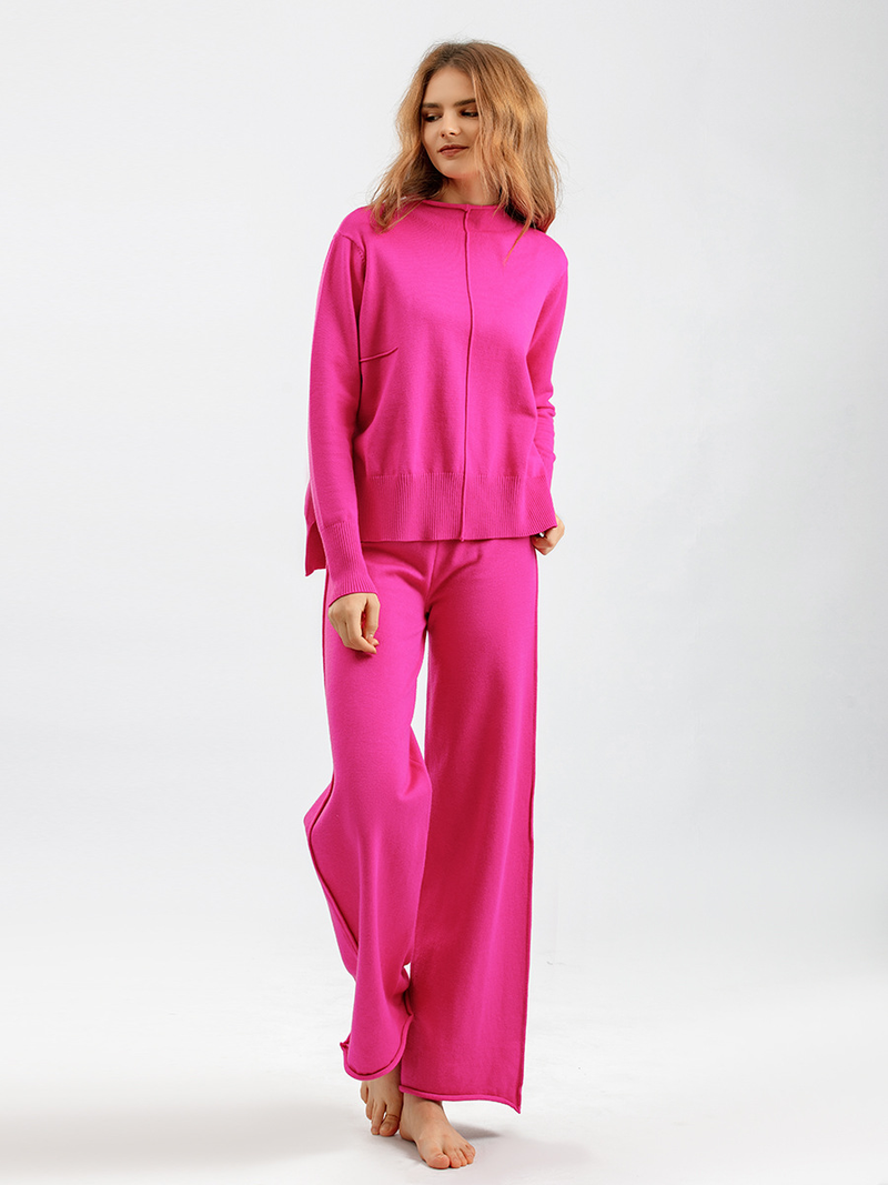 Kadın giyim Örme kazak iki parçalı set kadın sonbahar ve kış yeni gevşek rahat geniş bacak pantolon takım elbise net kırmızı mizaç_voghion.com