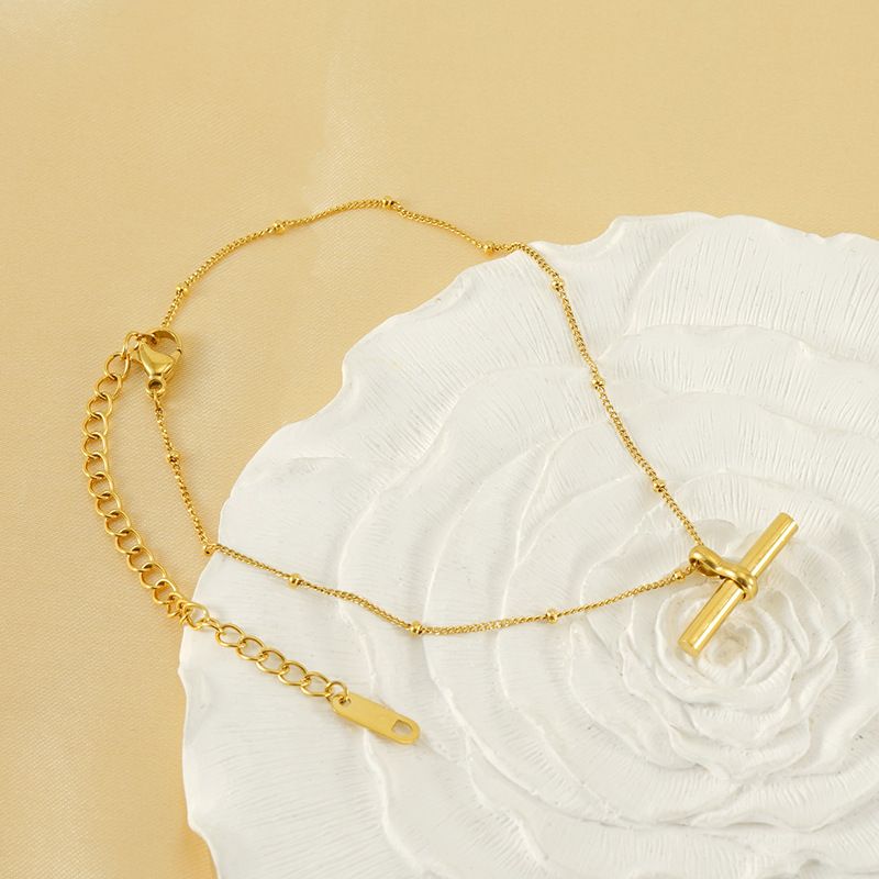 Minimalist Stainless Steel Gold-Plated Personality T-Bar Barbell Pendant Round Bead Chain Anklet For Women_voghion.com